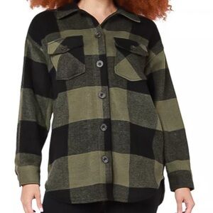 Black Tape Olive Green Plaid Oversized Shacket Button Front Fleece Grunge Cozy